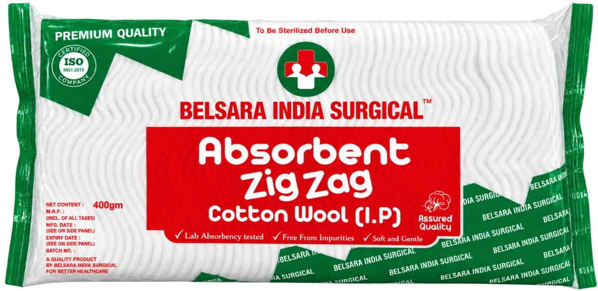 Absorbent Zig Zag Cotton Wool I.P. 400 g pack, Belsara brand