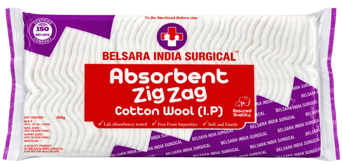 Absorbent Zig Zag Cotton Wool I.P. 500 g pack, Belsara brand